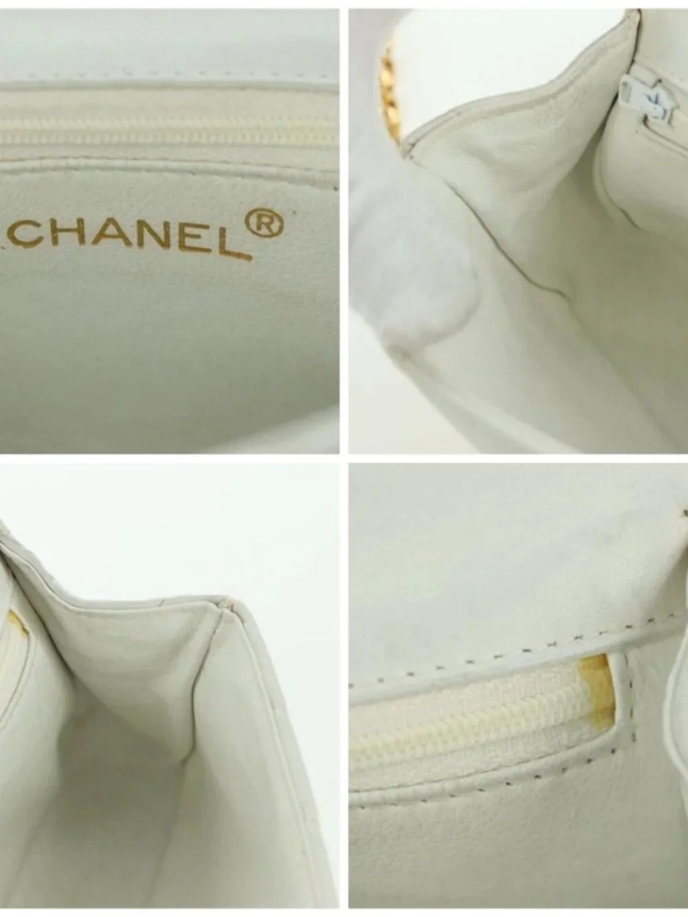 CHANEL Griboa V Stitch Chain Shoulder Bag Leather White Gold CC Auth ARZ551SAV